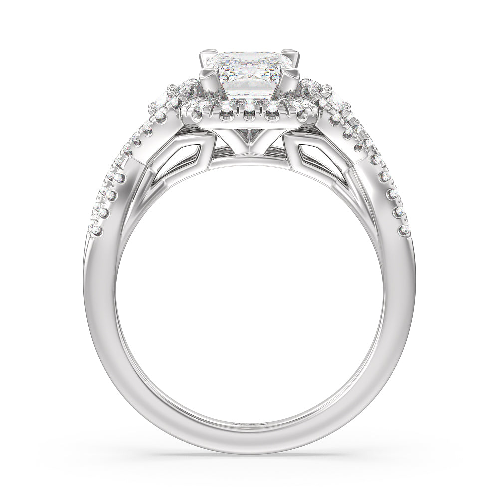 Elegant Halo Side Stone Accent Engagement Ring with Emerald Cut Diamond in 14KT Platinum view 2
