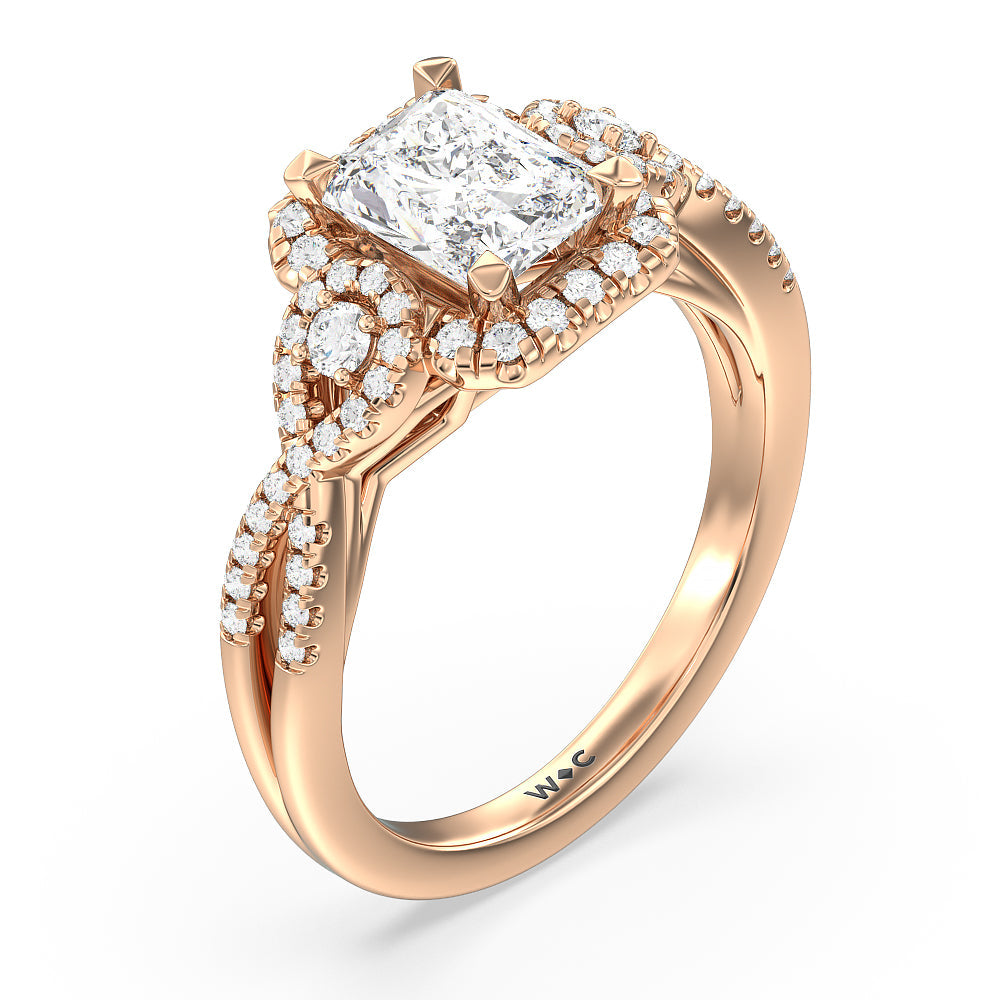 Elegant Halo Side Stone Accent Engagement Ring with Radiant Cut Diamond in 14KT Rose Gold view 3
