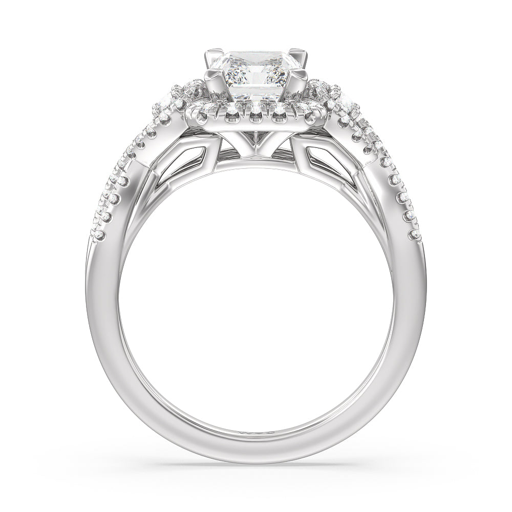 Elegant Halo Side Stone Accent Engagement Ring with Radiant Cut Diamond in 14KT Platinum view 2
