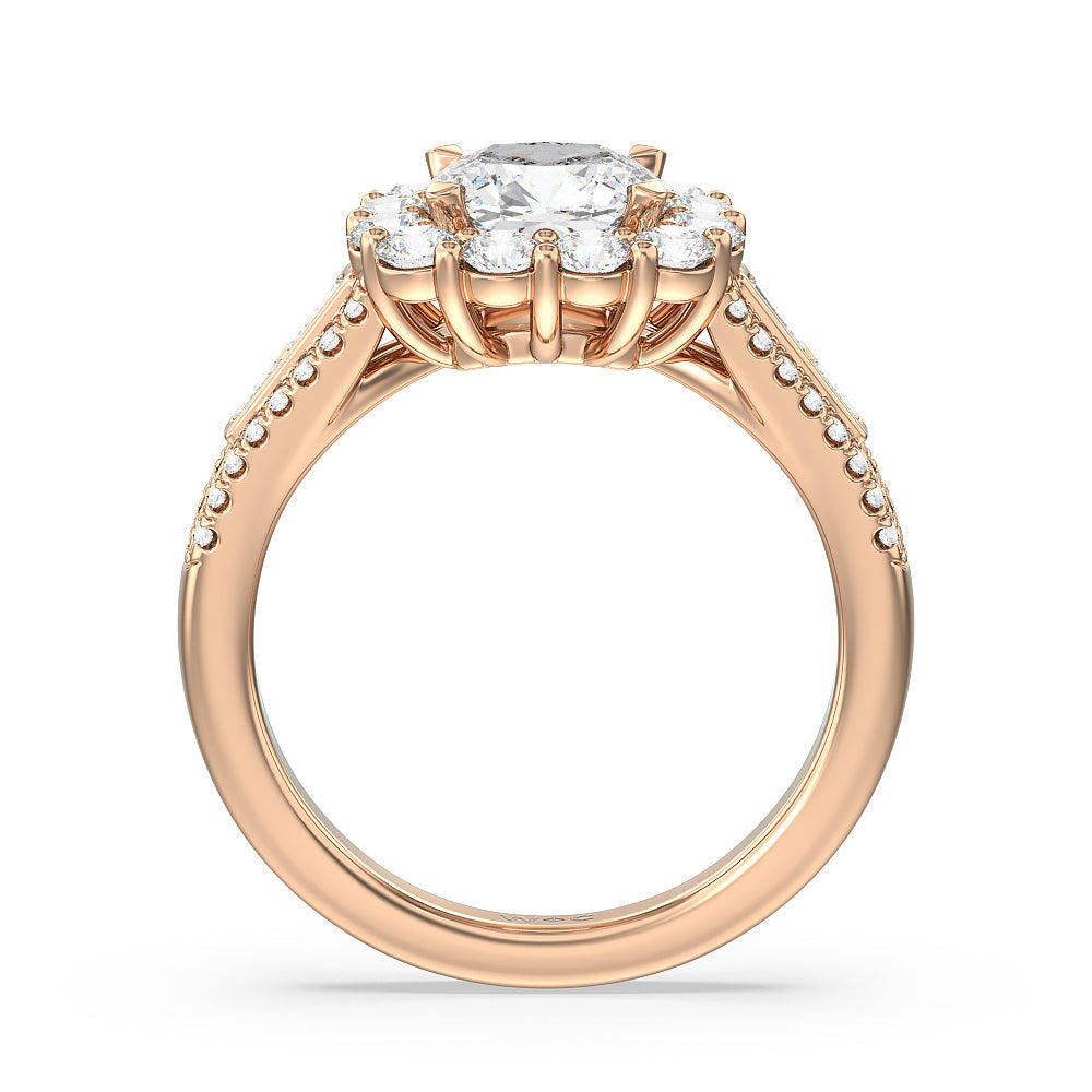 Cushion Cut Tapering Baguette Halo Engagement Ring with Lab Grown Diamond in 14KT Rose Gold view 2
