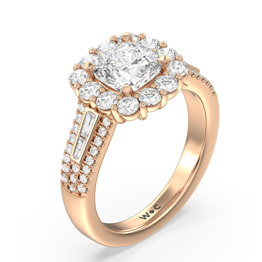 Cushion Cut Tapering Baguette Halo Engagement Ring with Lab Grown Diamond in 14KT Rose Gold view 3
