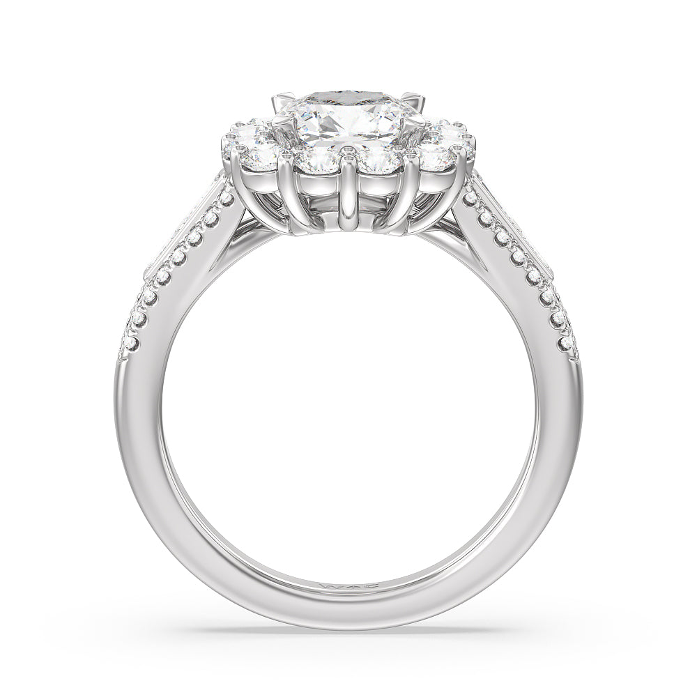 Cushion Cut Tapering Baguette Halo Engagement Ring with Lab Grown Diamond in 14KT Platinum view 2

