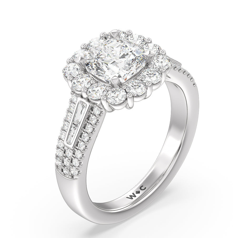 Cushion Cut Tapering Baguette Halo Engagement Ring with Lab Grown Diamond in 14KT Platinum view 3
