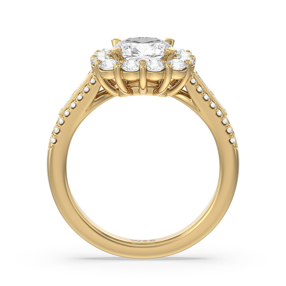 Cushion Cut Tapering Baguette Halo Engagement Ring with Lab Grown Diamond in 14KT Yellow Gold view 2
