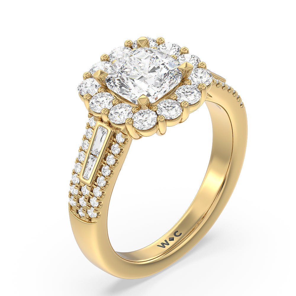 Cushion Cut Tapering Baguette Halo Engagement Ring with Lab Grown Diamond in 14KT Yellow Gold view 3

