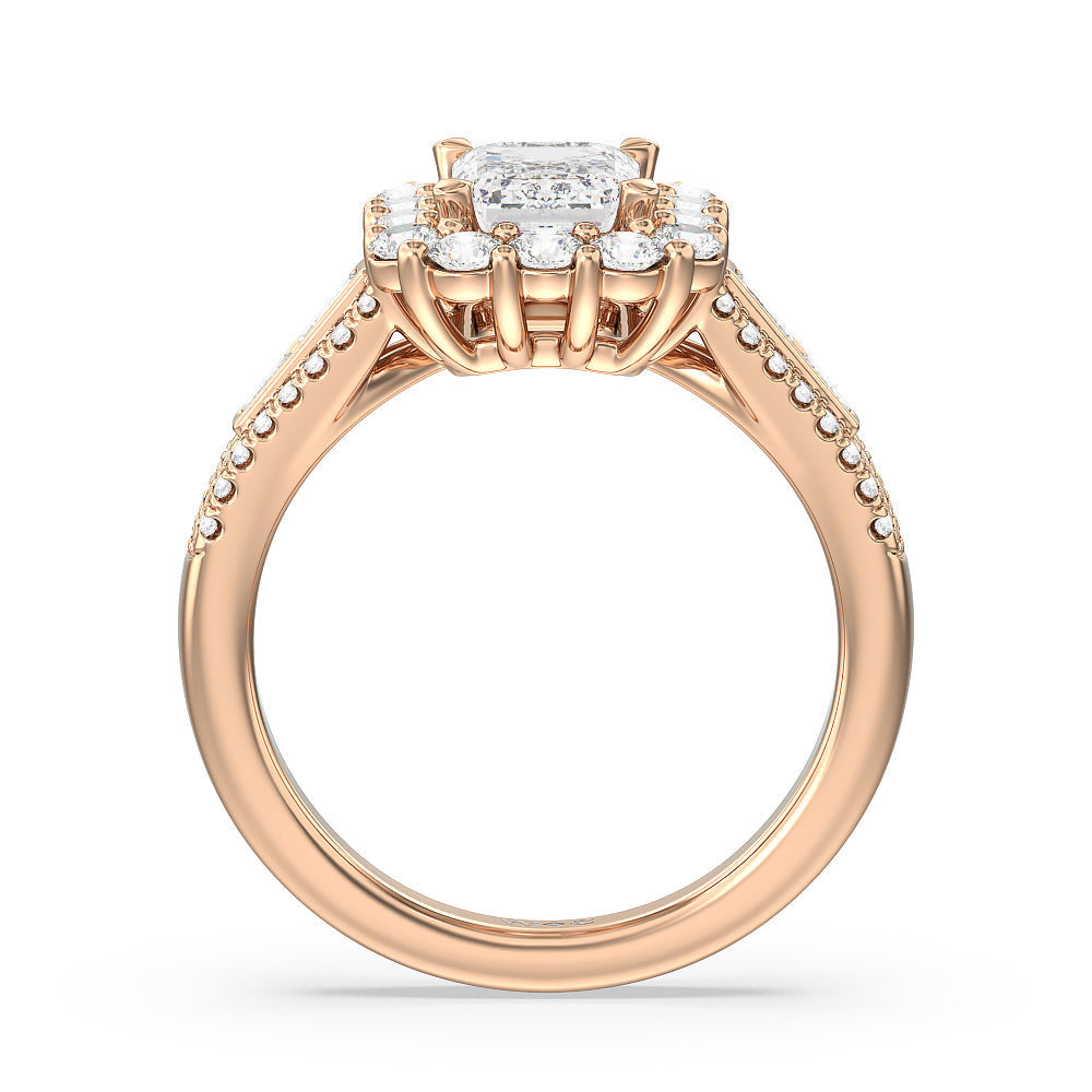Emerald Cut Tapering Baguette Halo Engagement Ring with Lab Grown Diamond in 14KT Rose Gold view 2
