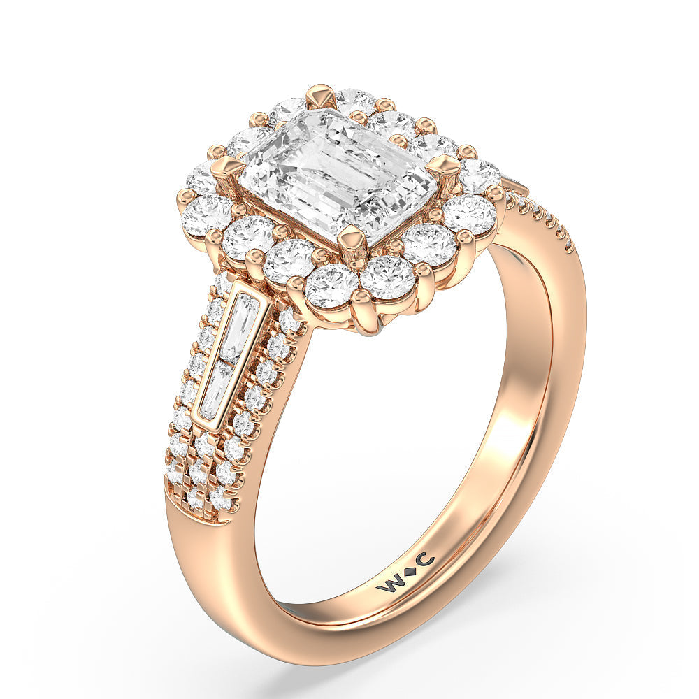 Emerald Cut Tapering Baguette Halo Engagement Ring with Lab Grown Diamond in 14KT Rose Gold view 3
