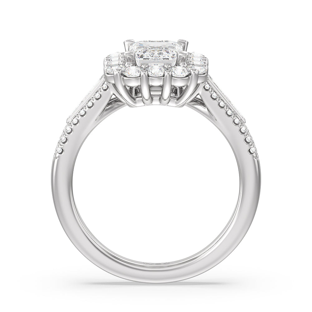 Emerald Cut Tapering Baguette Halo Engagement Ring with Lab Grown Diamond in 14KT Platinum view 2
