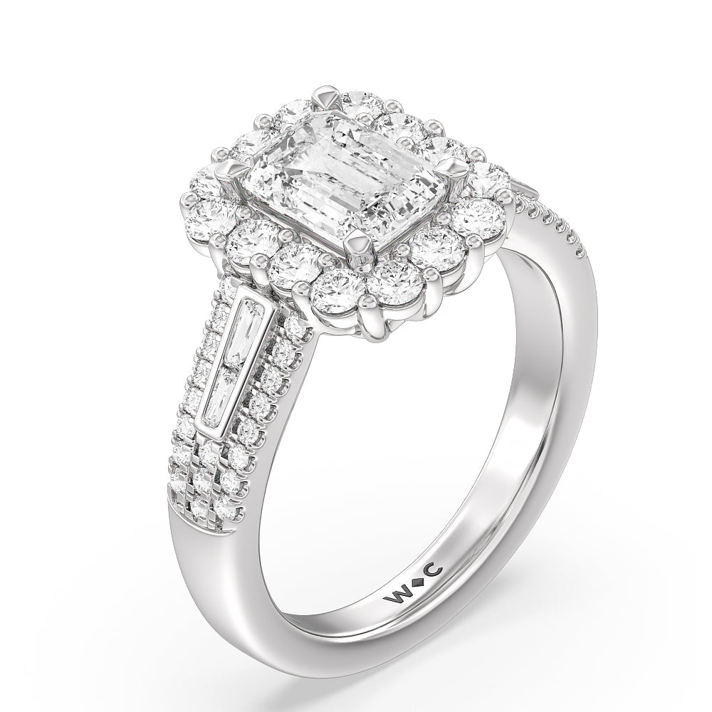 Emerald Cut Tapering Baguette Halo Engagement Ring with Lab Grown Diamond in 14KT Platinum view 3
