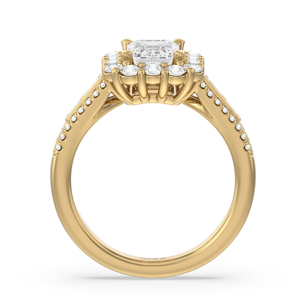 Emerald Cut Tapering Baguette Halo Engagement Ring with Lab Grown Diamond in 14KT Yellow Gold view 2
