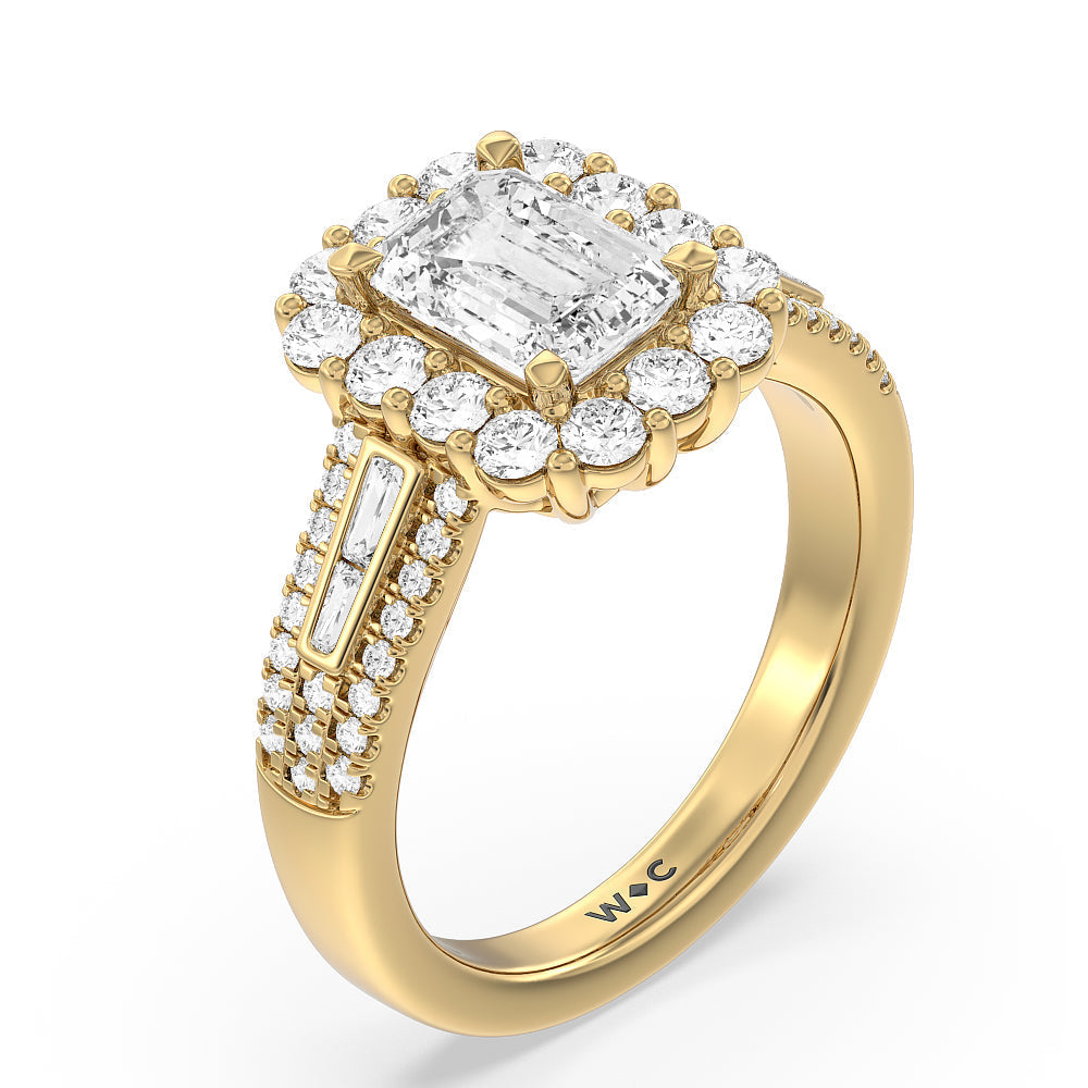 Emerald Cut Tapering Baguette Halo Engagement Ring with Lab Grown Diamond in 14KT Yellow Gold view 3
