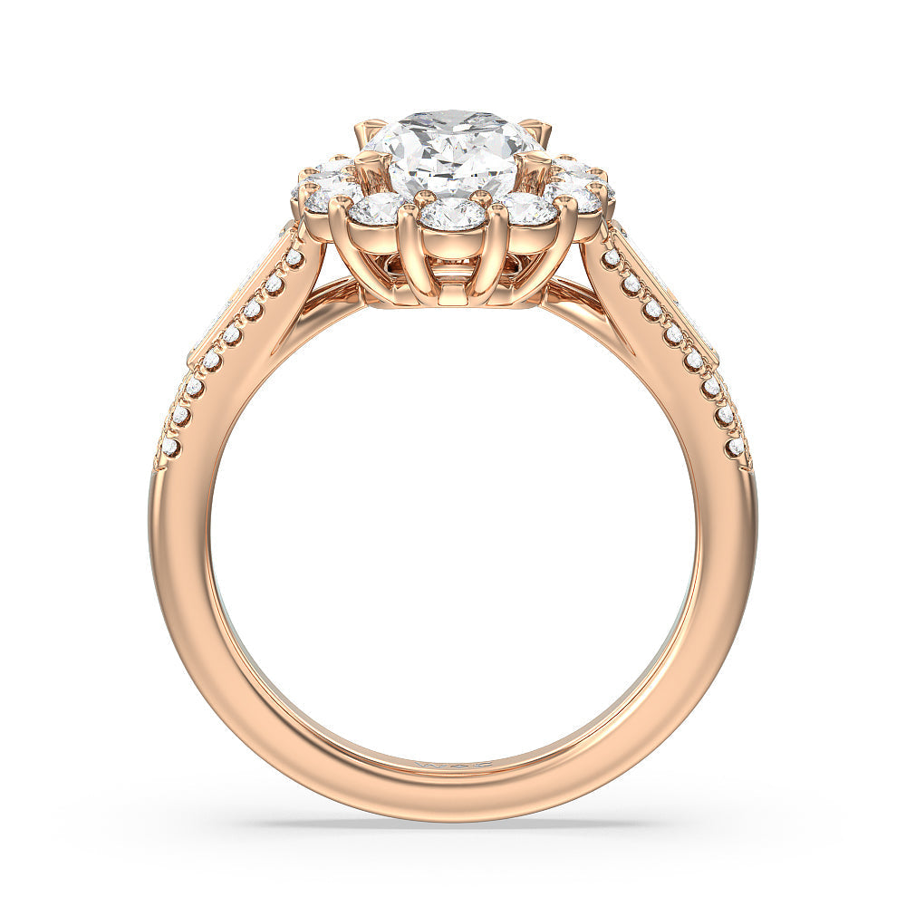 Oval Cut Tapering Baguette Halo Engagement Ring with Lab Grown Diamond in 14KT Rose Gold view 2
