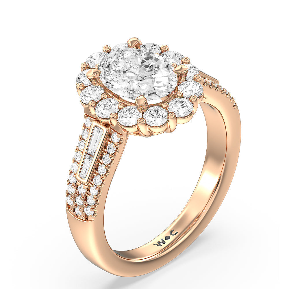 Oval Cut Tapering Baguette Halo Engagement Ring with Lab Grown Diamond in 14KT Rose Gold view 3
