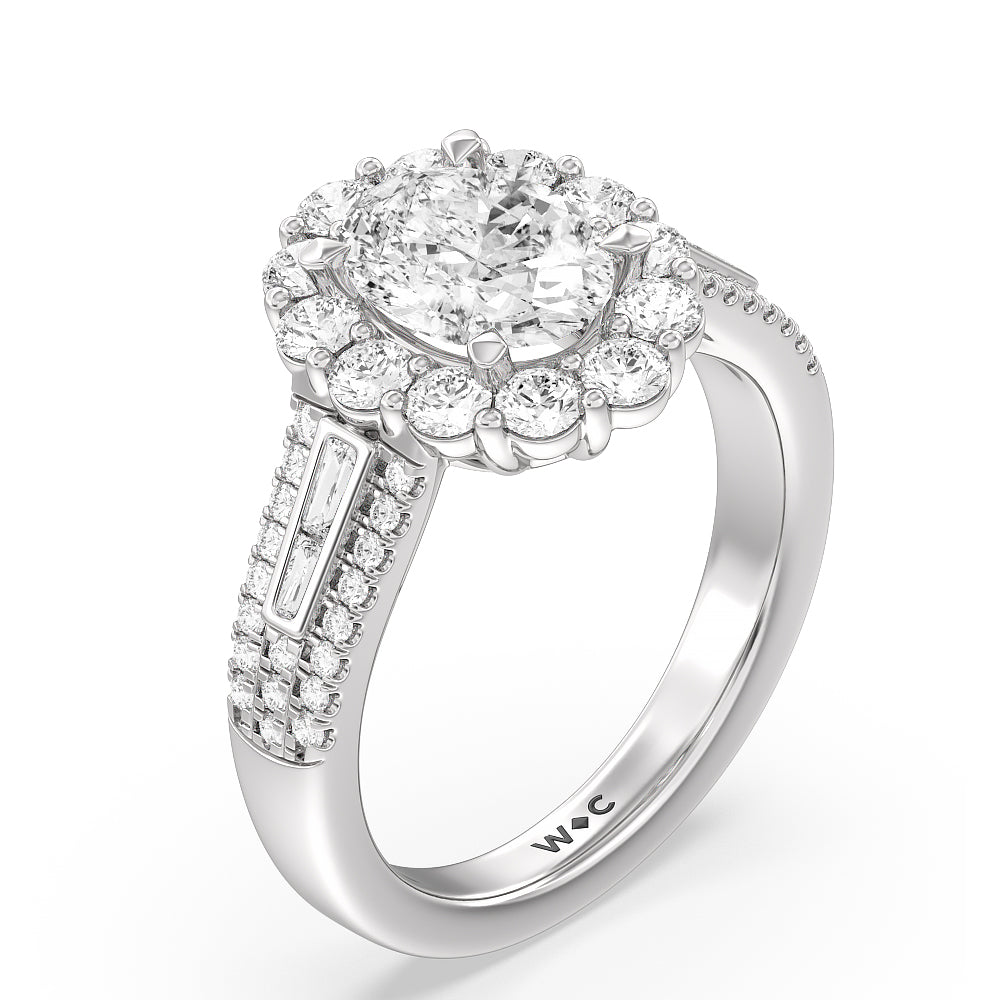Oval Cut Tapering Baguette Halo Engagement Ring with Lab Grown Diamond in 14KT Platinum view 3
