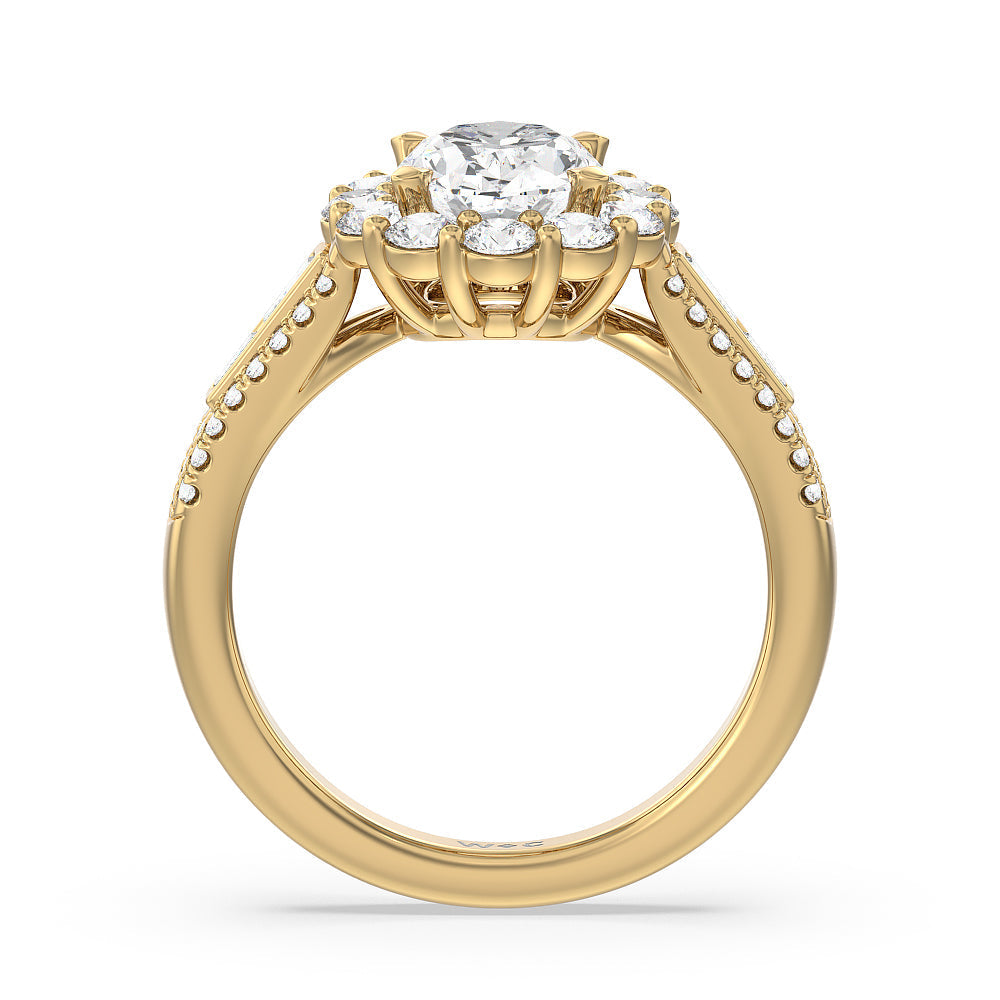 Oval Cut Tapering Baguette Halo Engagement Ring with Lab Grown Diamond in 14KT Yellow Gold view 2
