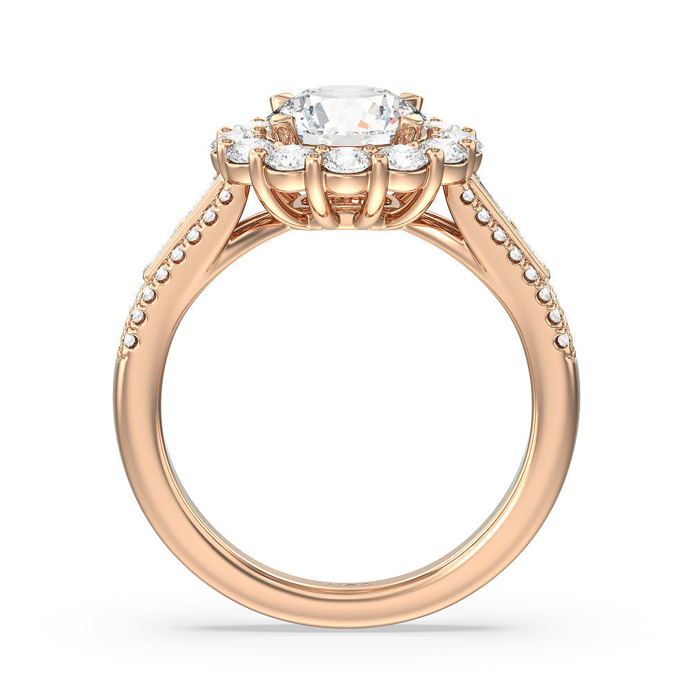Round Cut Tapering Baguette Halo Engagement Ring with Lab Grown Diamond in 14KT Rose Gold view 2
