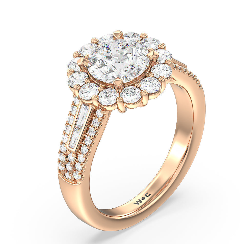 Round Cut Tapering Baguette Halo Engagement Ring with Lab Grown Diamond in 14KT Rose Gold view 3
