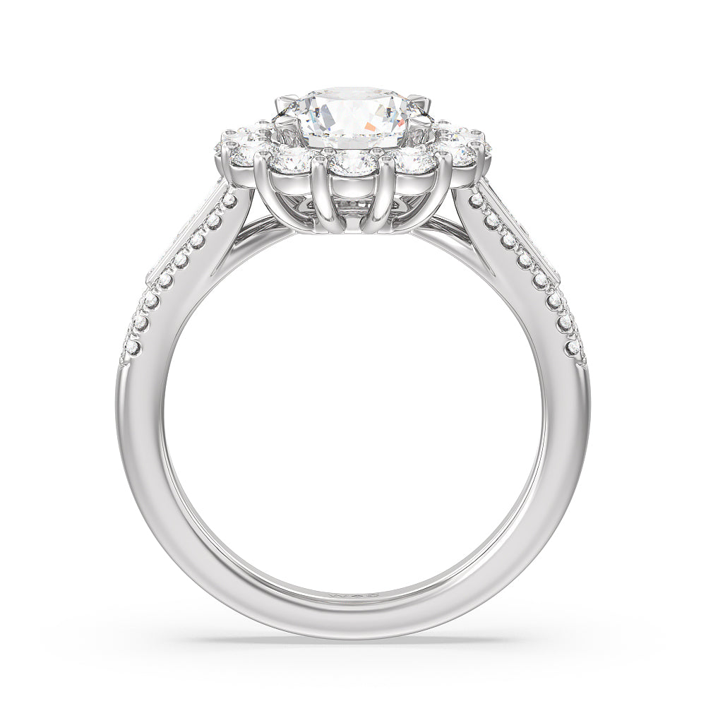 Tapering Baguette Halo Engagement Ring with Round Cut Diamond in