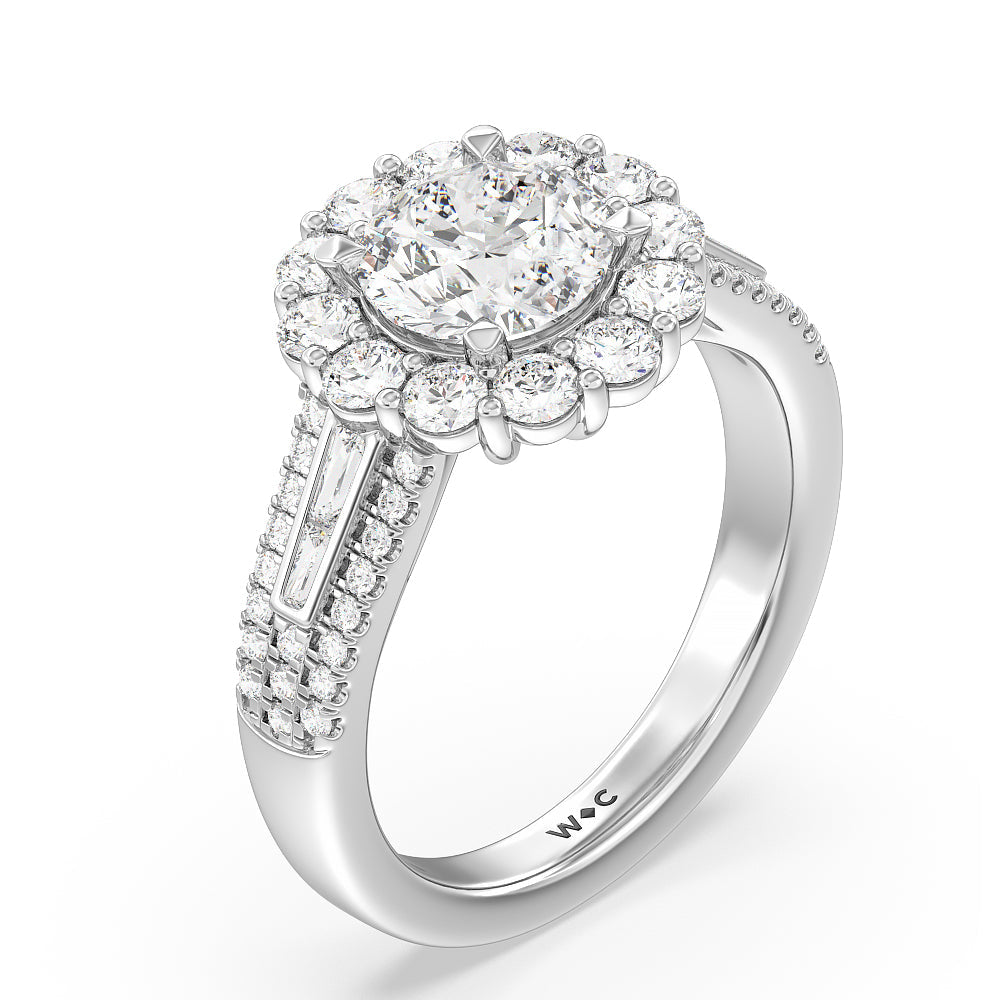 Round Cut Tapering Baguette Halo Engagement Ring with Lab Grown Diamond in 14KT Platinum view 3
