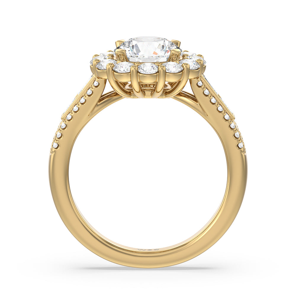 Round Cut Tapering Baguette Halo Engagement Ring with Lab Grown Diamond in 14KT Yellow Gold view 2
