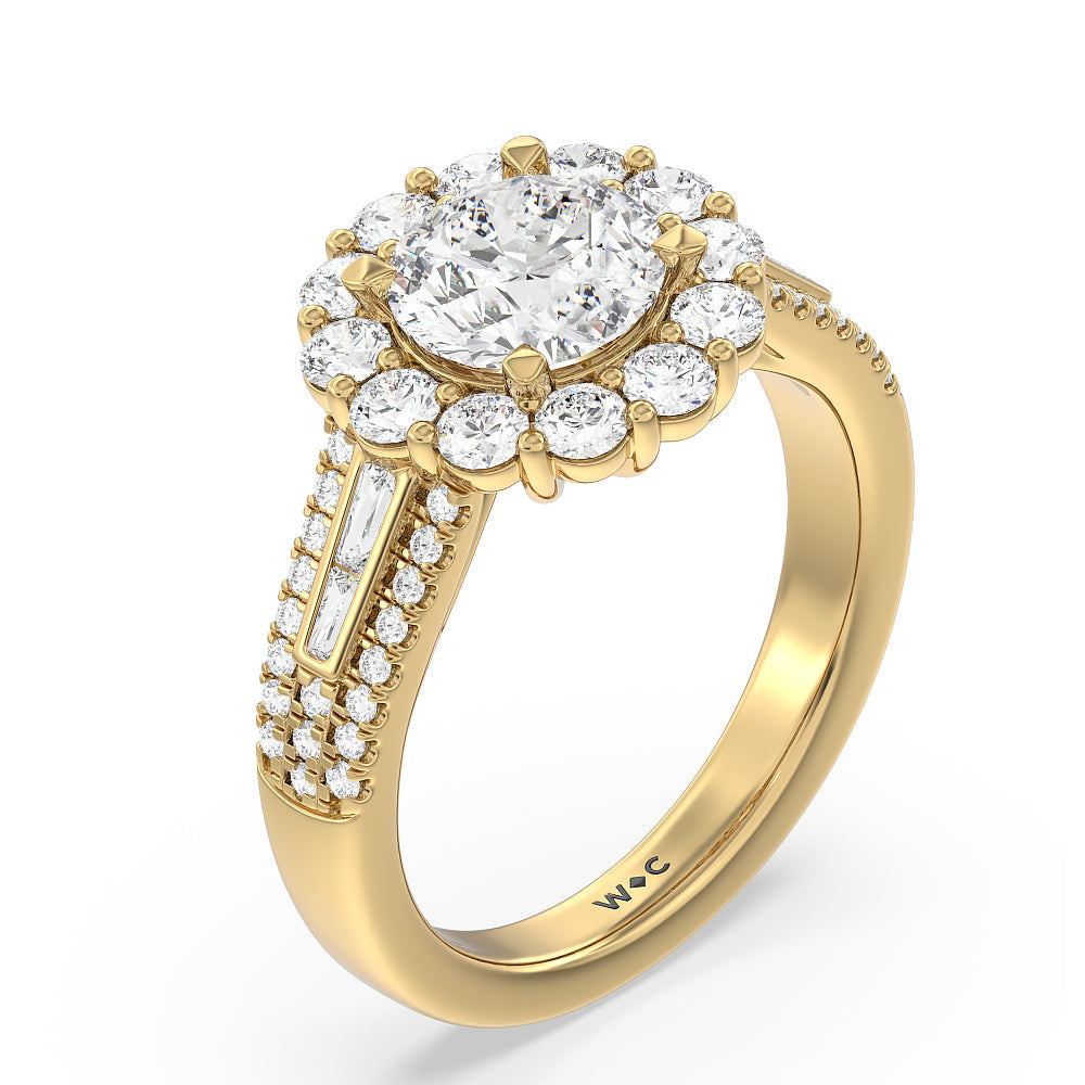 Round Cut Tapering Baguette Halo Engagement Ring with Lab Grown Diamond in 14KT Yellow Gold view 3
