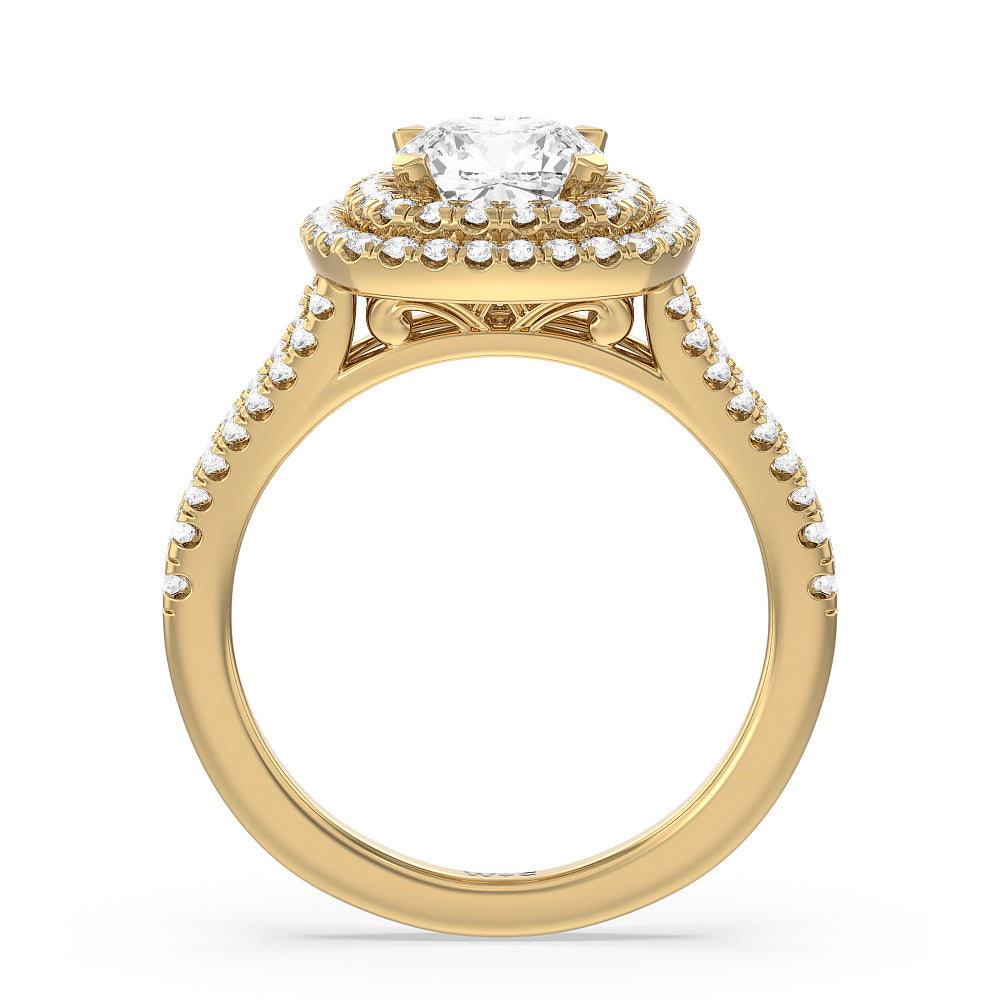 Double Halo Split Shank Cathedral Engagement Ring with Cushion Cut Diamond in 14KT Yellow Gold view 2
