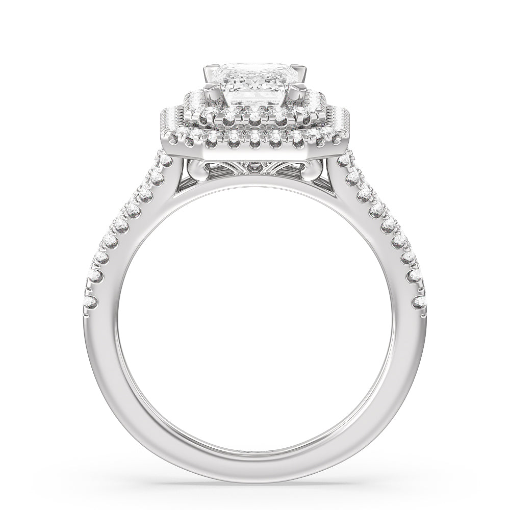 Double Halo Split Shank Cathedral Engagement Ring with Emerald Cut Diamond in 14KT Platinum view 2
