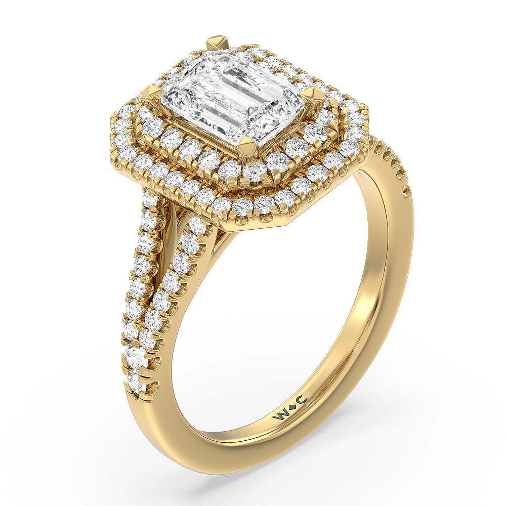 Double Halo Split Shank Cathedral Engagement Ring with Emerald Cut Diamond in 14KT Yellow Gold view 3
