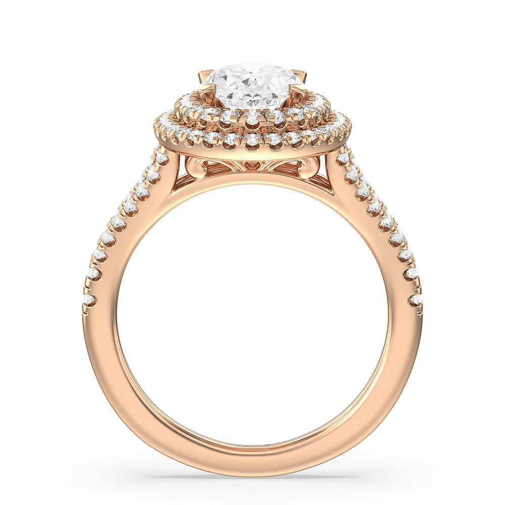 Double Halo Split Shank Cathedral Engagement Ring with Oval Cut Diamond in 14KT Rose Gold view 2
