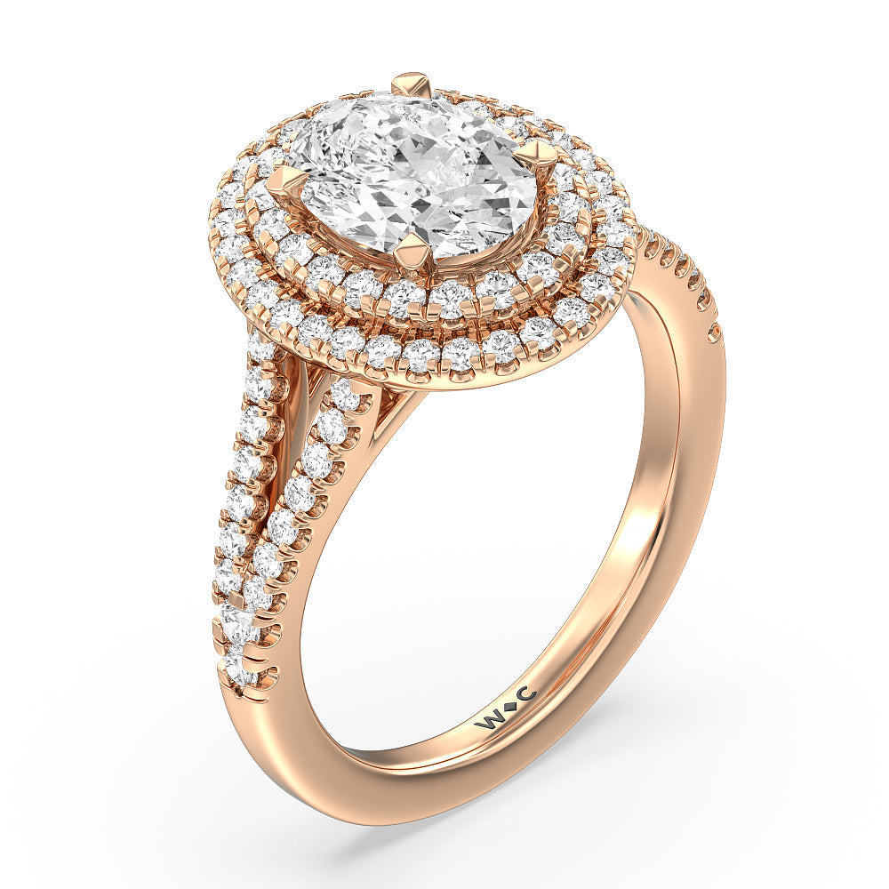 Double Halo Split Shank Cathedral Engagement Ring with Oval Cut Diamond in 14KT Rose Gold view 4
