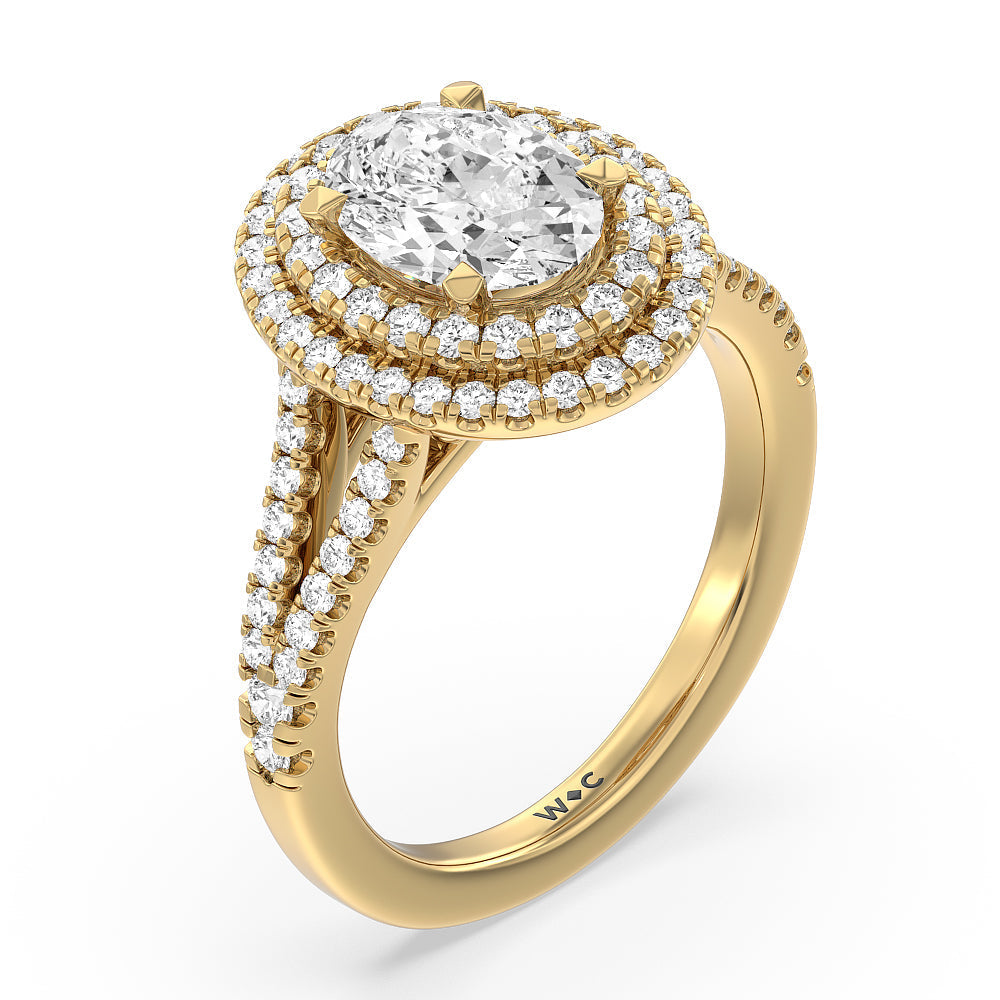 Double Halo Split Shank Cathedral Engagement Ring with Oval Cut Diamond in 14KT Yellow Gold view 3
