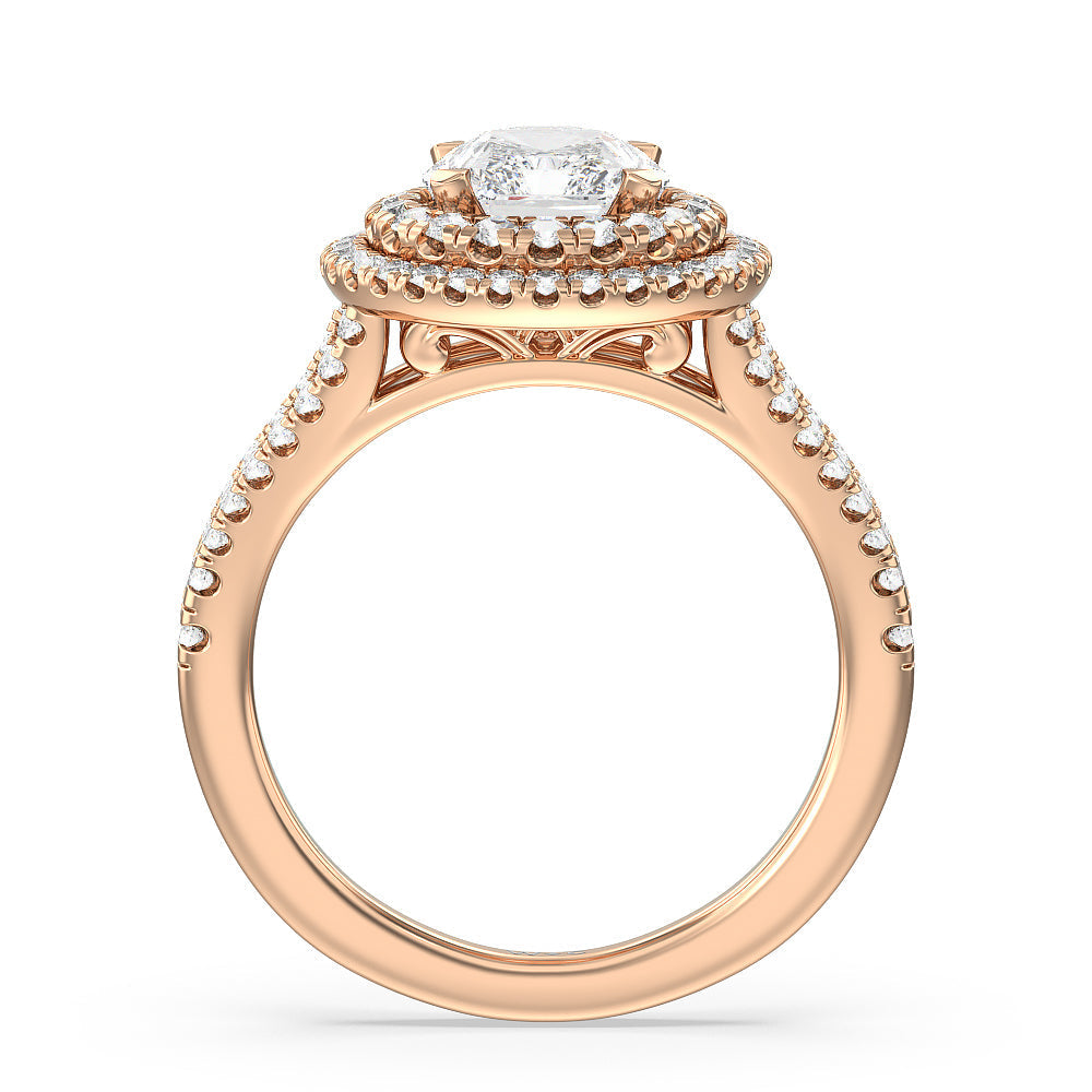 Double Halo Split Shank Cathedral Engagement Ring with Radiant Cut Diamond in 14KT Rose Gold view 2
