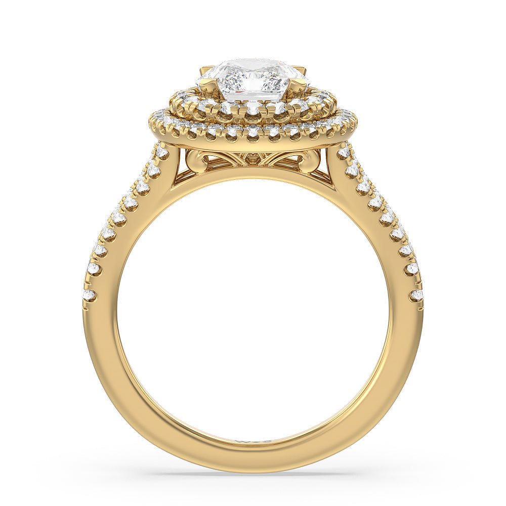 Double Halo Split Shank Cathedral Engagement Ring with Radiant Cut Diamond in 14KT Yellow Gold view 2
