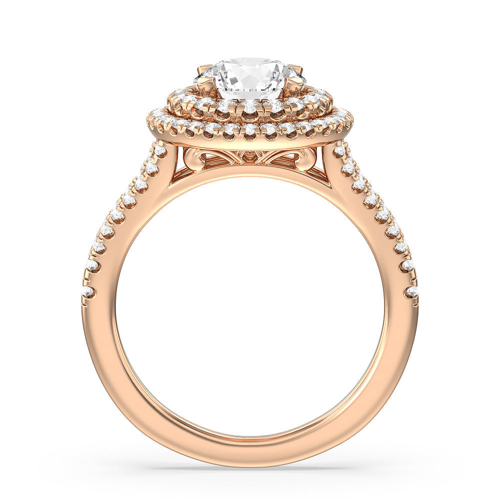 Double Halo Split Shank Cathedral Engagement Ring with Round Cut Diamond in 14KT Rose Gold view 2
