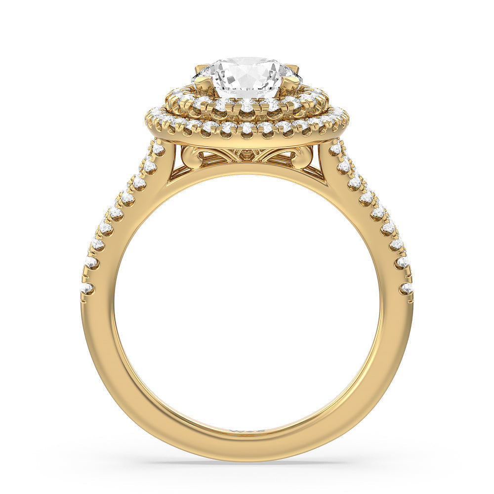 Double Halo Split Shank Cathedral Engagement Ring with Round Cut Diamond in 14KT Yellow Gold view 2
