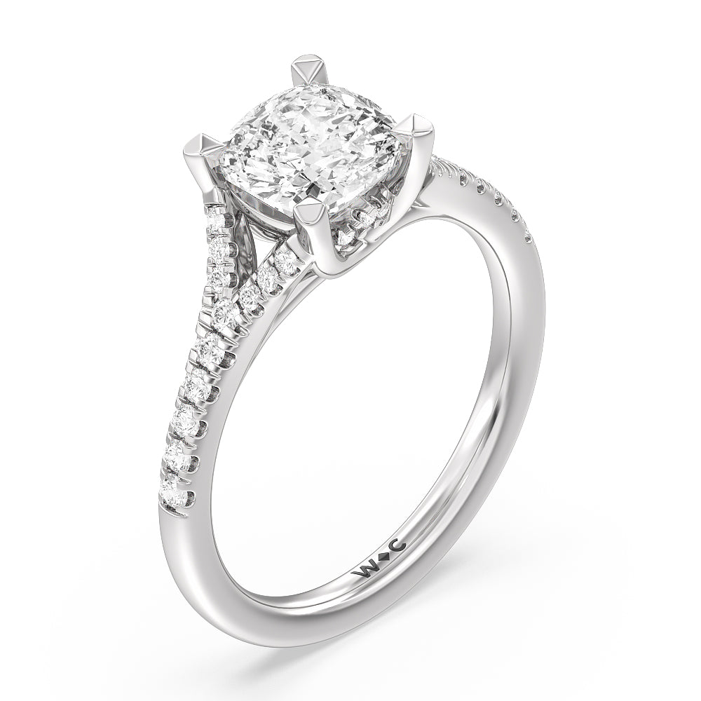 Studded Cathedral Split Shank Engagement Ring with Cushion Cut Diamond in 14KT Platinum view 3

