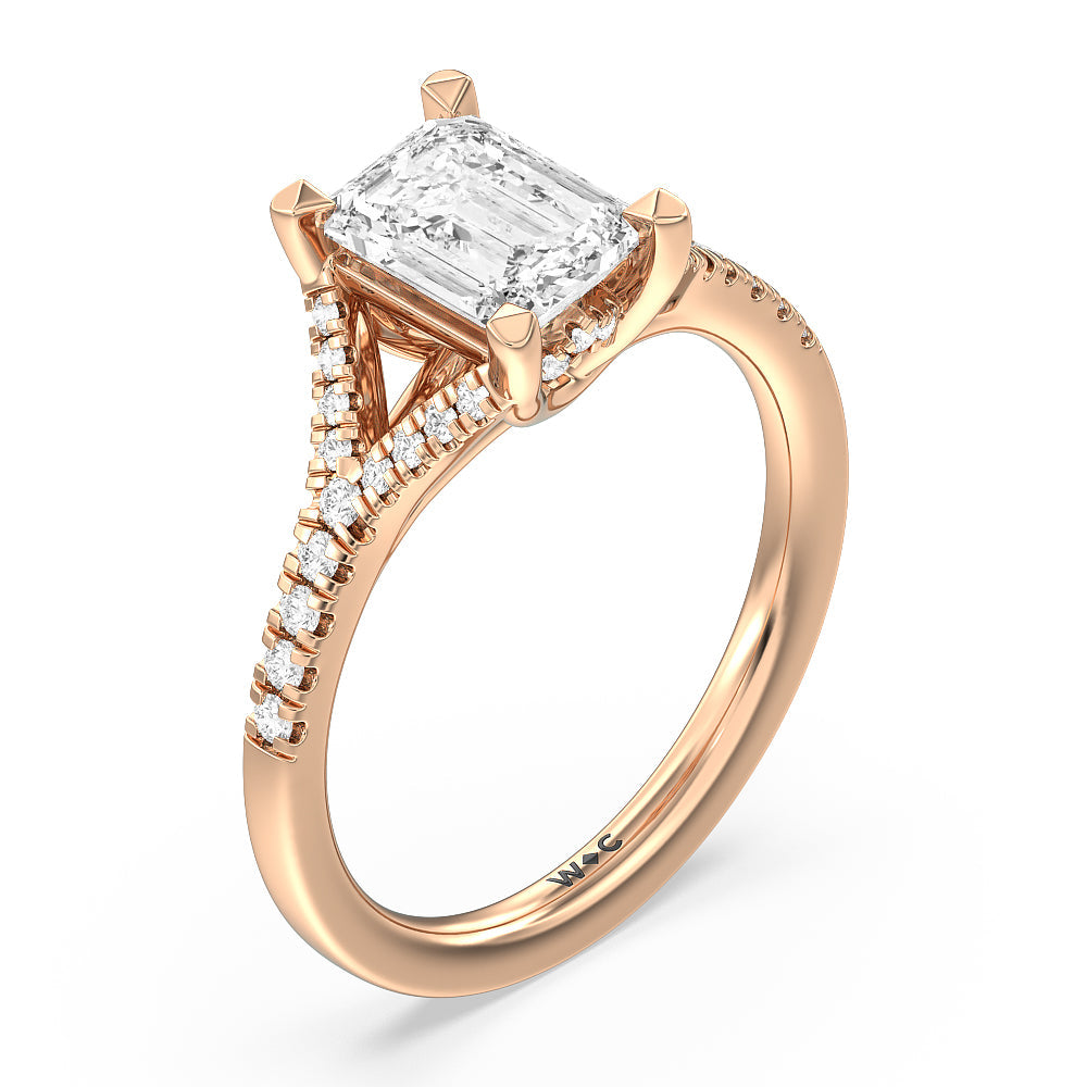 Studded Cathedral Split Shank Engagement Ring with Emerald Cut Diamond in 14KT Rose Gold view 3
