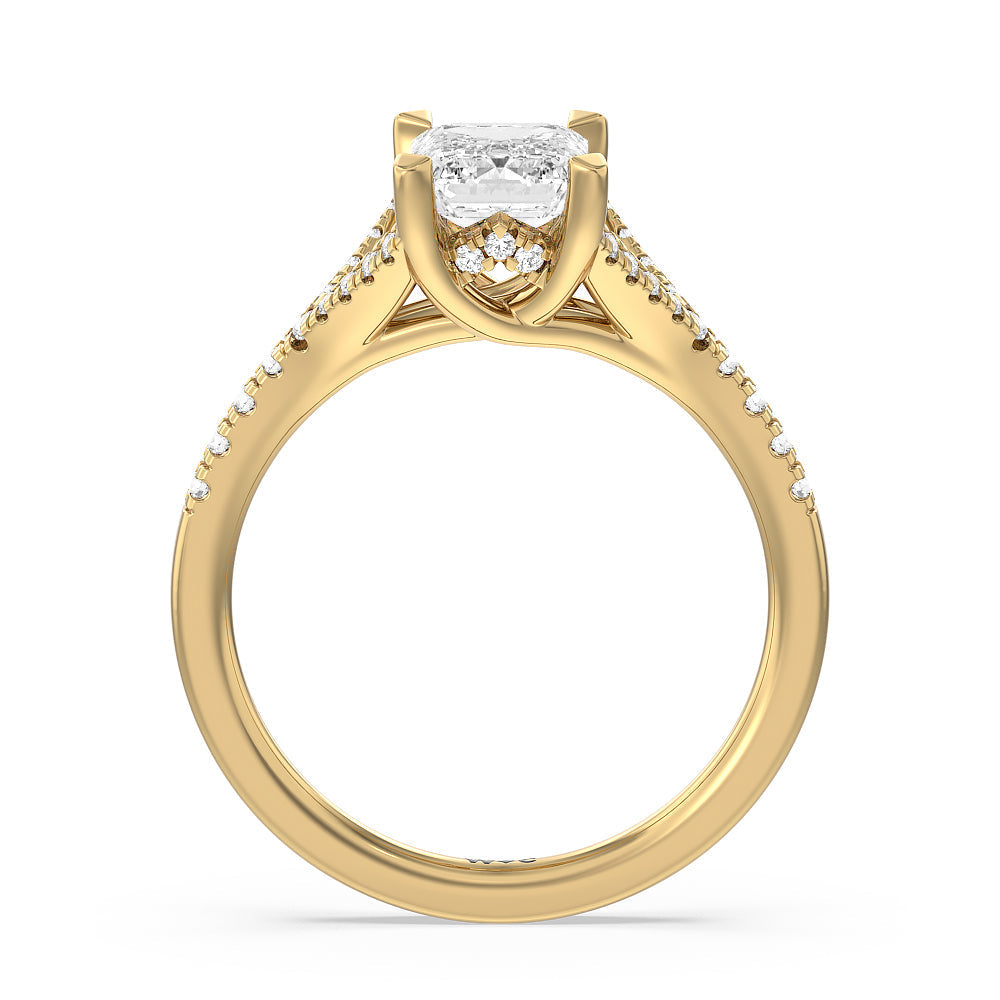 Studded Cathedral Split Shank Engagement Ring with Emerald Cut Diamond in 14KT Yellow Gold view 2
