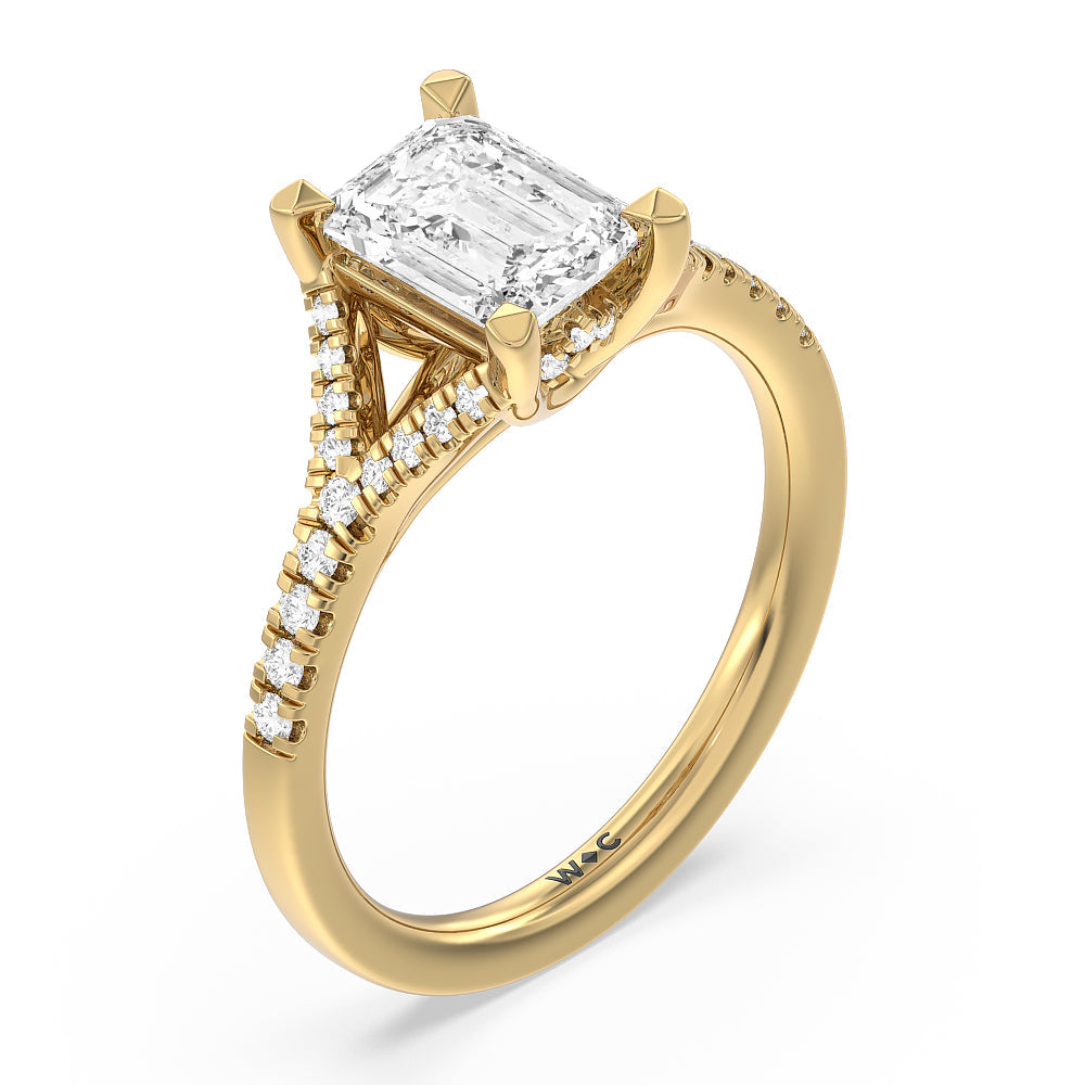 Studded Cathedral Split Shank Engagement Ring with Emerald Cut Diamond in 14KT Yellow Gold view 3
