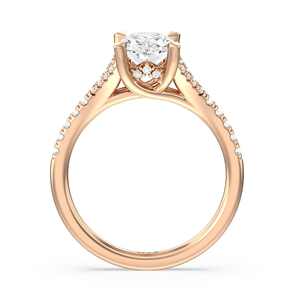 Studded Cathedral Split Shank Engagement Ring with Oval Cut Diamond in 14KT Rose Gold view 2
