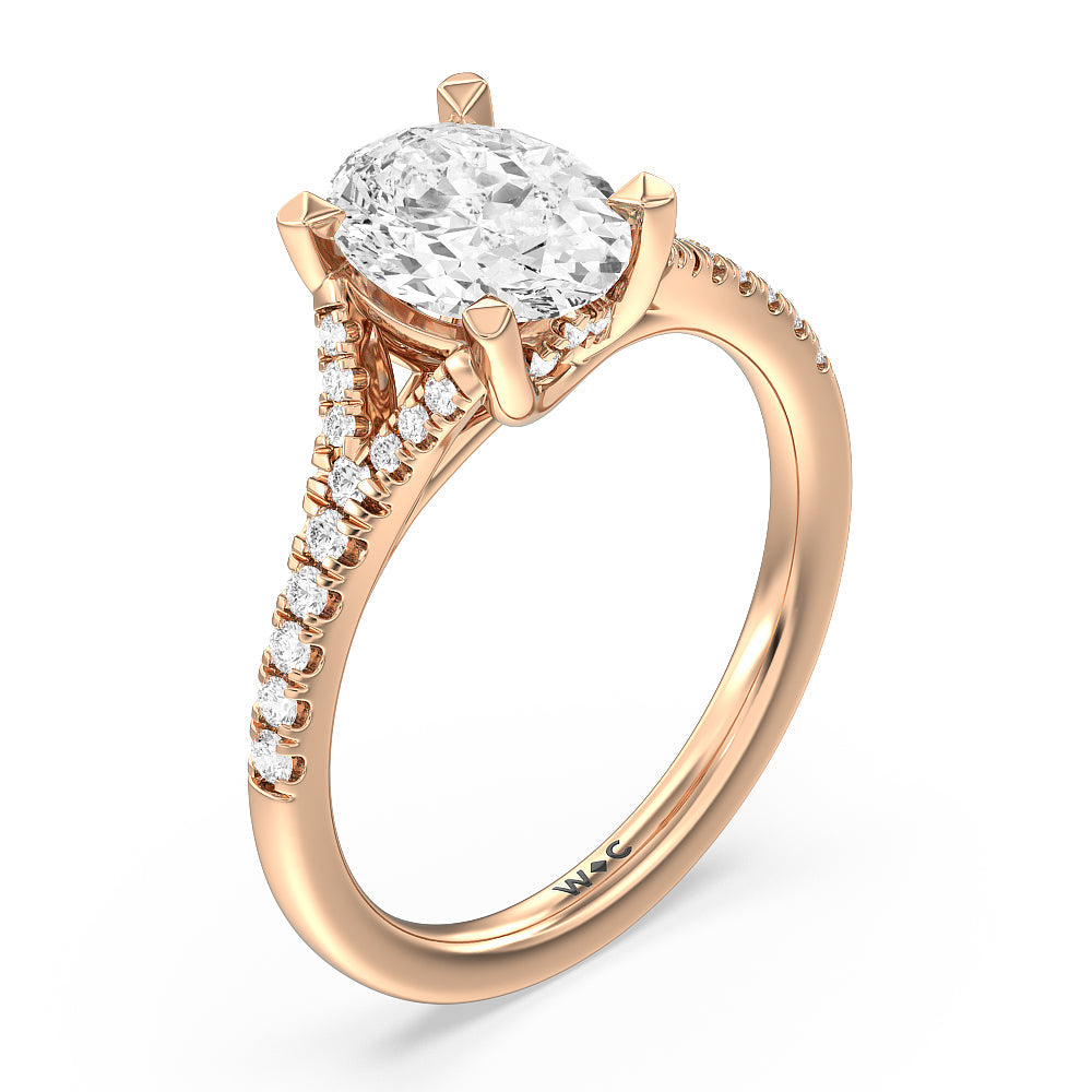 Studded Cathedral Split Shank Engagement Ring with Oval Cut Diamond in 14KT Rose Gold view 3
