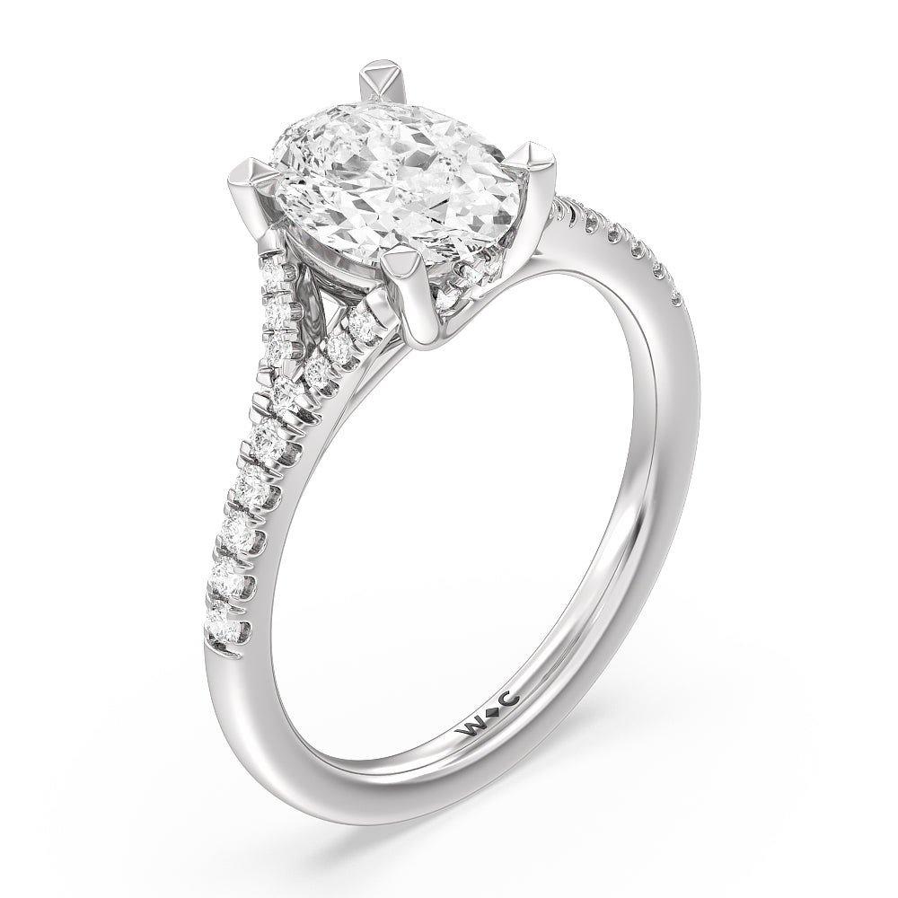 Studded Cathedral Split Shank Engagement Ring with Oval Cut Diamond in 14KT Platinum view 3
