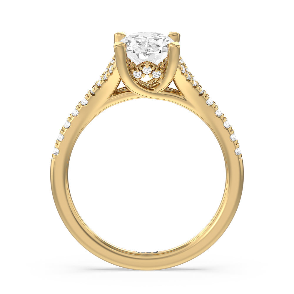 Studded Cathedral Split Shank Engagement Ring with Oval Cut Diamond in 14KT Yellow Gold view 2
