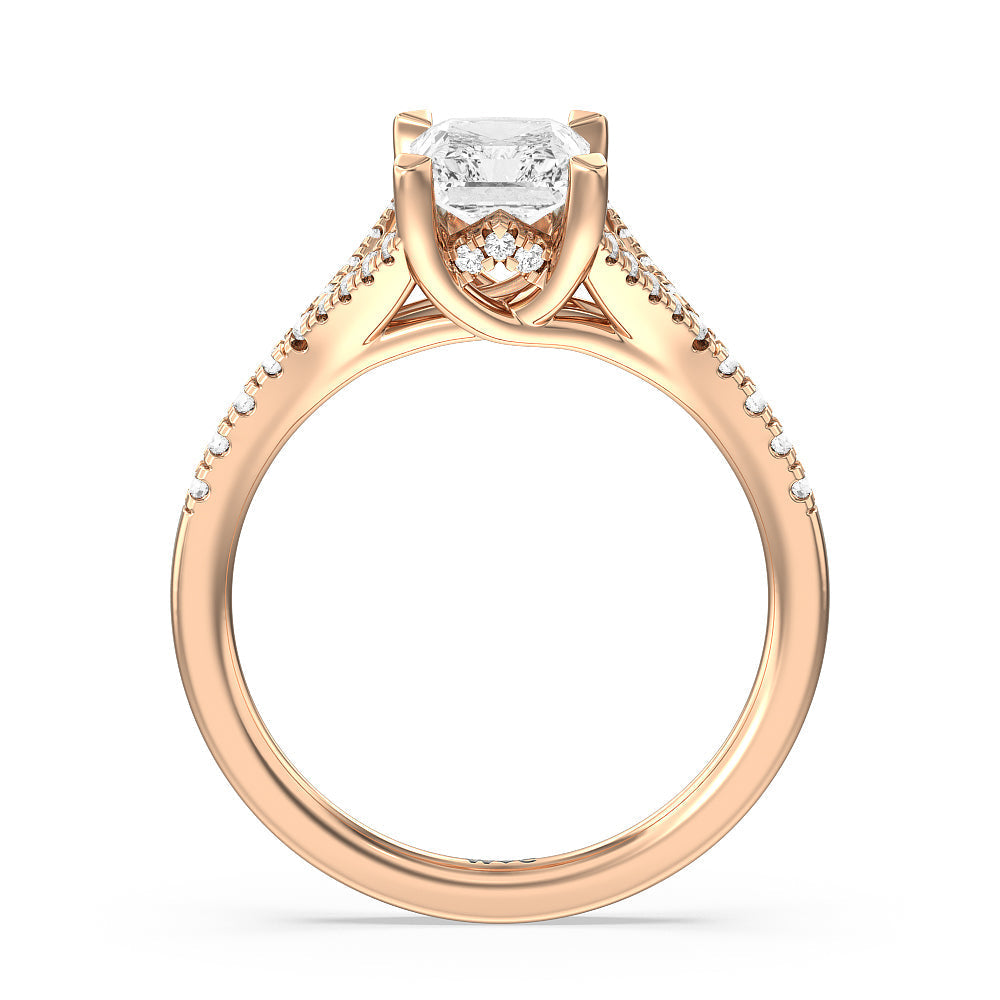 Studded Cathedral Split Shank Engagement Ring with Radiant Cut Diamond in 14KT Rose Gold view 2
