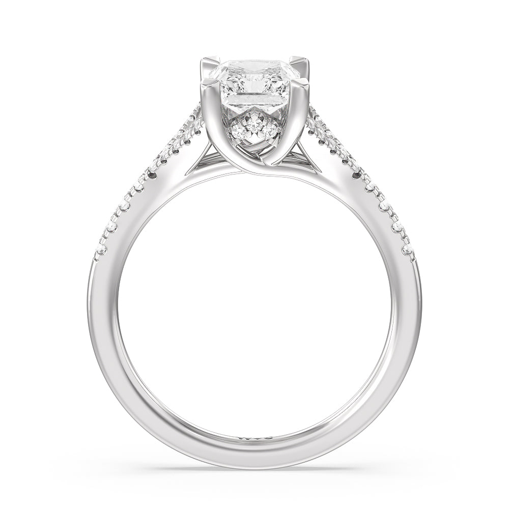 Studded Cathedral Split Shank Engagement Ring with Radiant Cut Diamond in 14KT Platinum view 2
