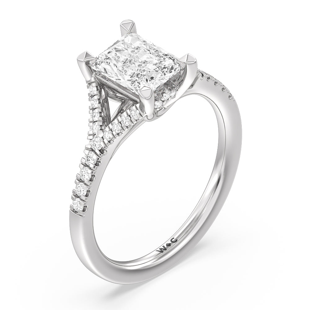 Studded Cathedral Split Shank Engagement Ring with Radiant Cut Diamond in 14KT Platinum view 3
