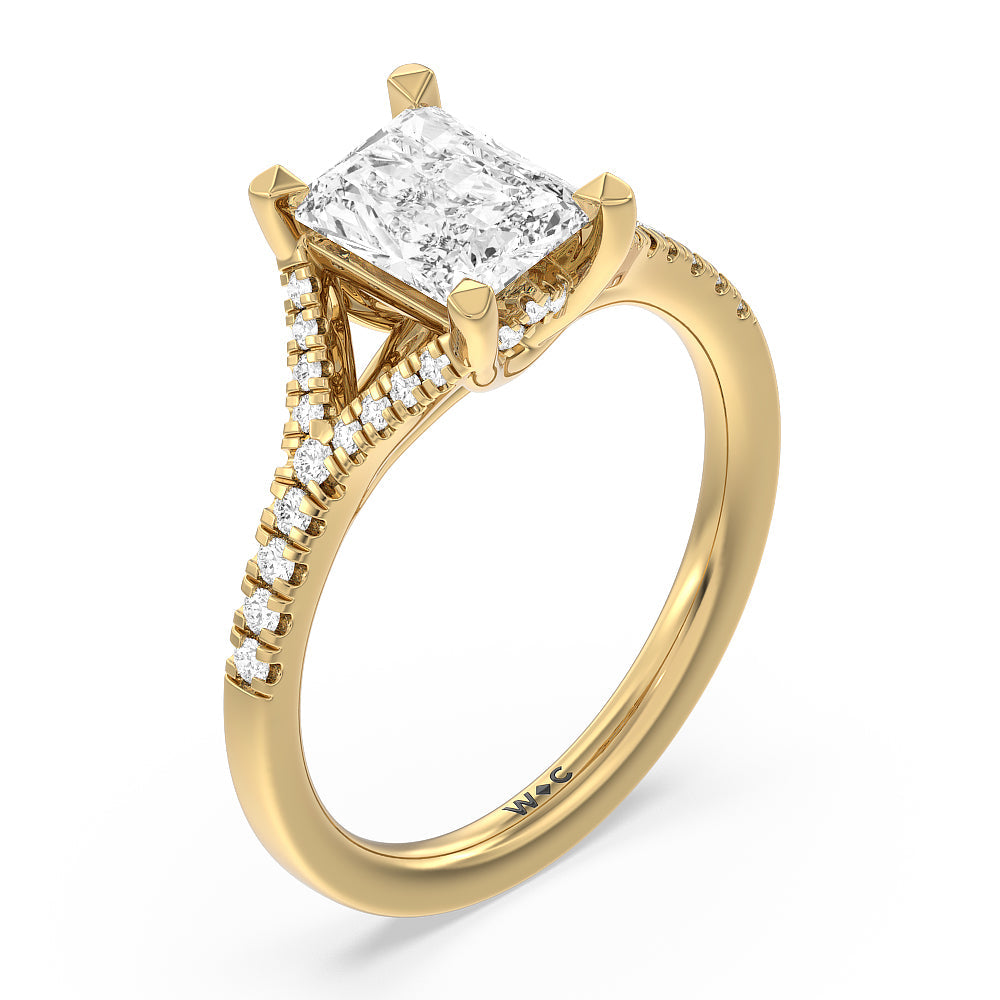 Studded Cathedral Split Shank Engagement Ring with Radiant Cut Diamond in 14KT Yellow Gold view 3
