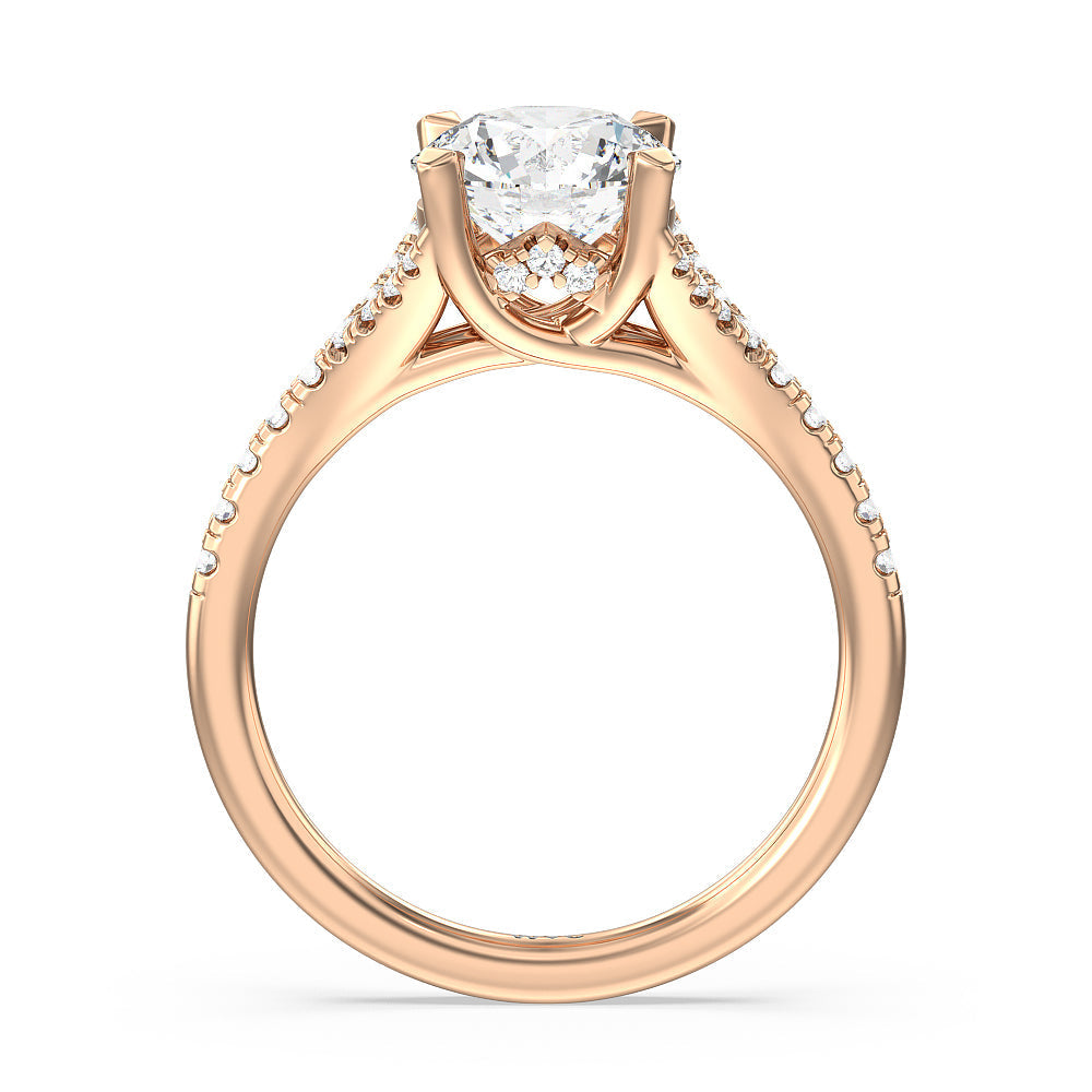 Studded Cathedral Split Shank Engagement Ring with Round Cut Diamond in 14KT Rose Gold view 2
