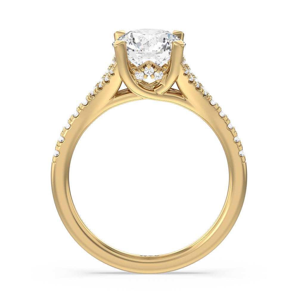 Studded Cathedral Split Shank Engagement Ring with Round Cut Diamond in 14KT Yellow Gold view 2
