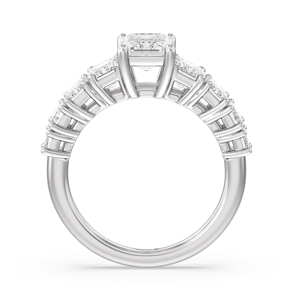 Luxe Emerald Step Side Stone Classic Engagement Ring with Emerald Cut Diamond in 14KT Platinum view 2
